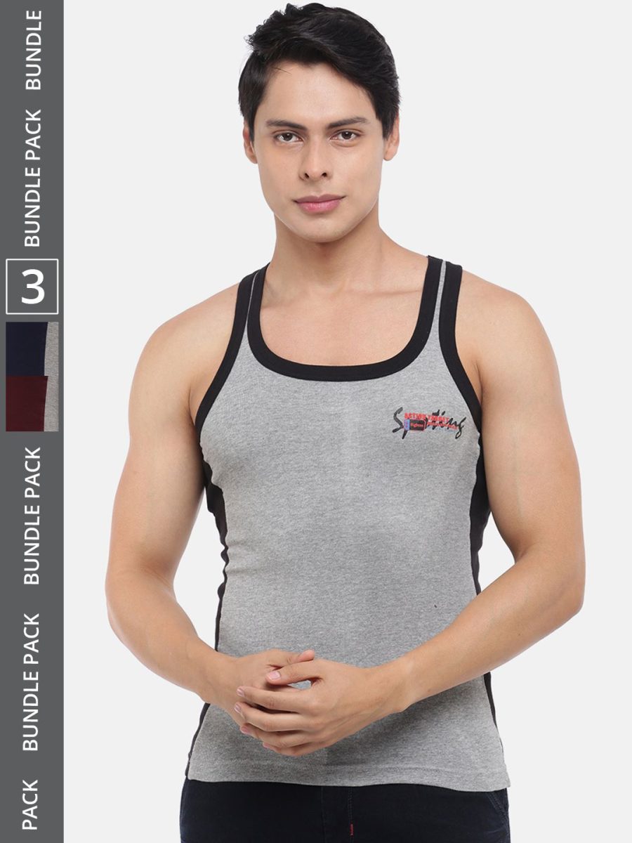Dollar Bigboss Men's Pack of 3 Solid Combed Cotton Racerback Styled Gym Vest
