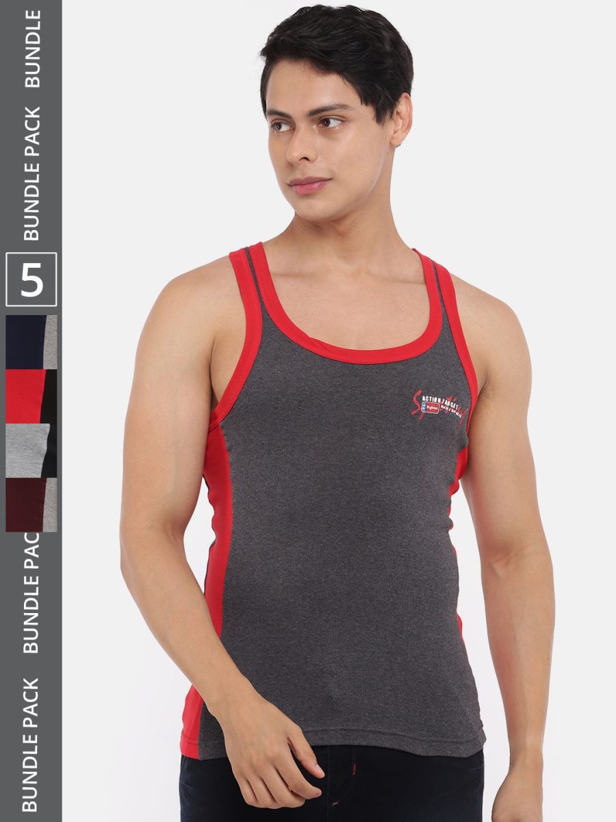 Dollar Bigboss Men's Pack of 5 Solid Combed Cotton Racerback Styled Gym Vest
