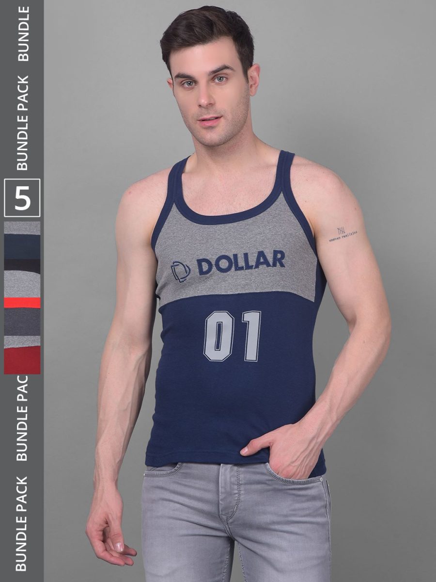 Dollar Bigboss Men's Pack of 5 Solid Combed Cotton Racerback Styled Gym Vest