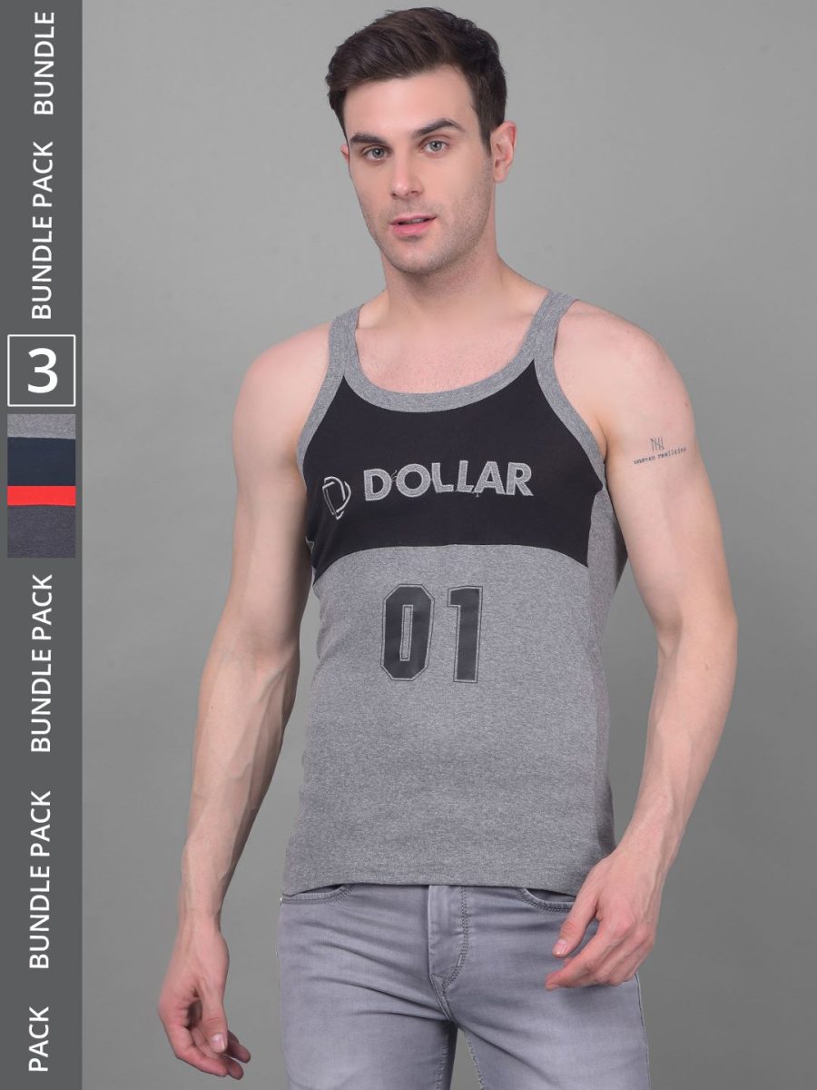 Dollar Bigboss Men's Pack of 3 Solid Combed Cotton Racerback Styled Gym Vest