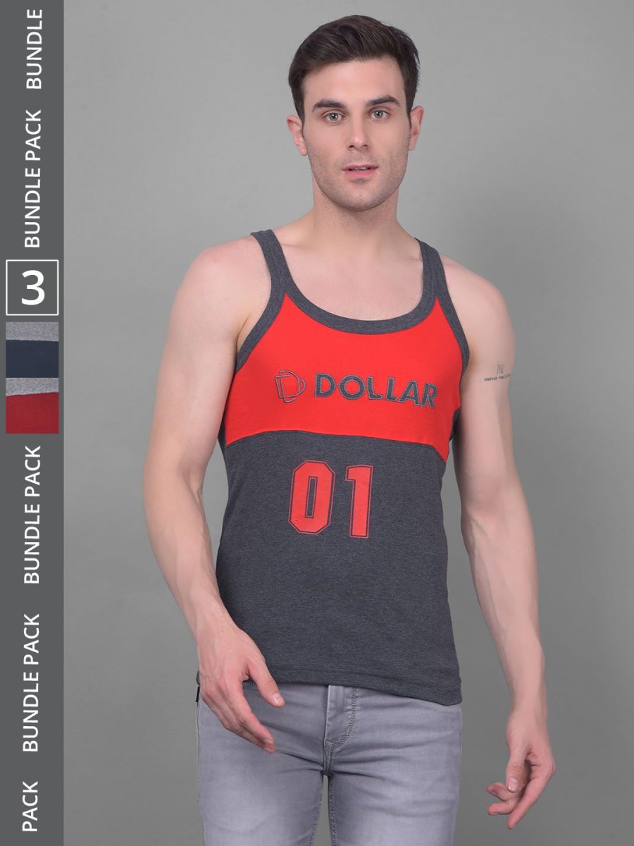 Dollar Bigboss Men's Pack of 3 Solid Combed Cotton Racerback Styled Gym Vest