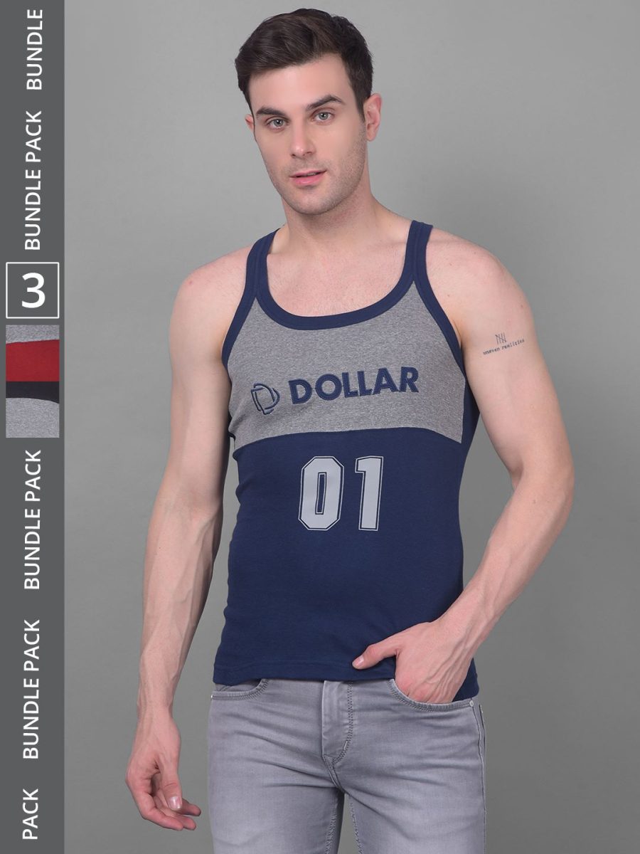 Dollar Bigboss Men's Pack of 3 Solid Combed Cotton Racerback Styled Gym Vest