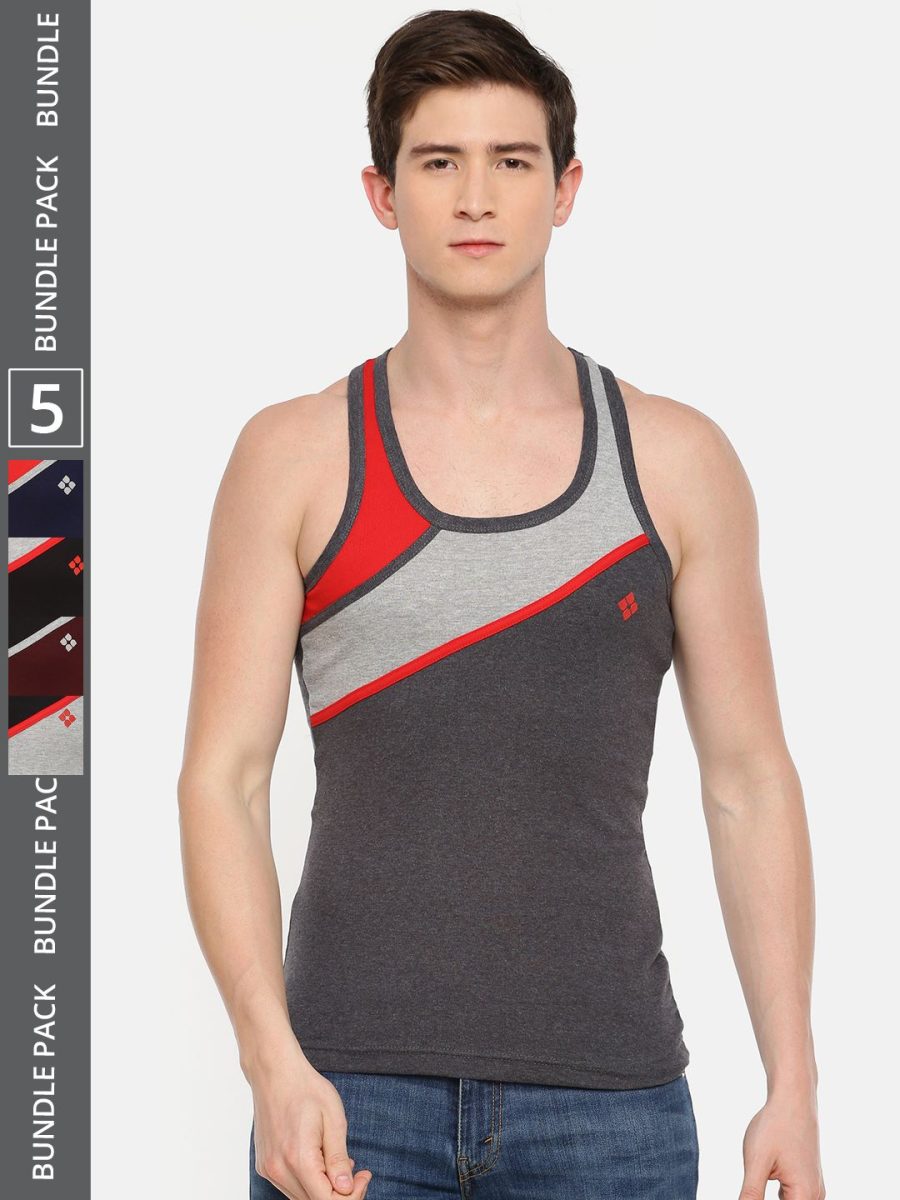 Dollar Bigboss Men's Pack of 5 Solid Combed Cotton Racerback Styled Gym Vest