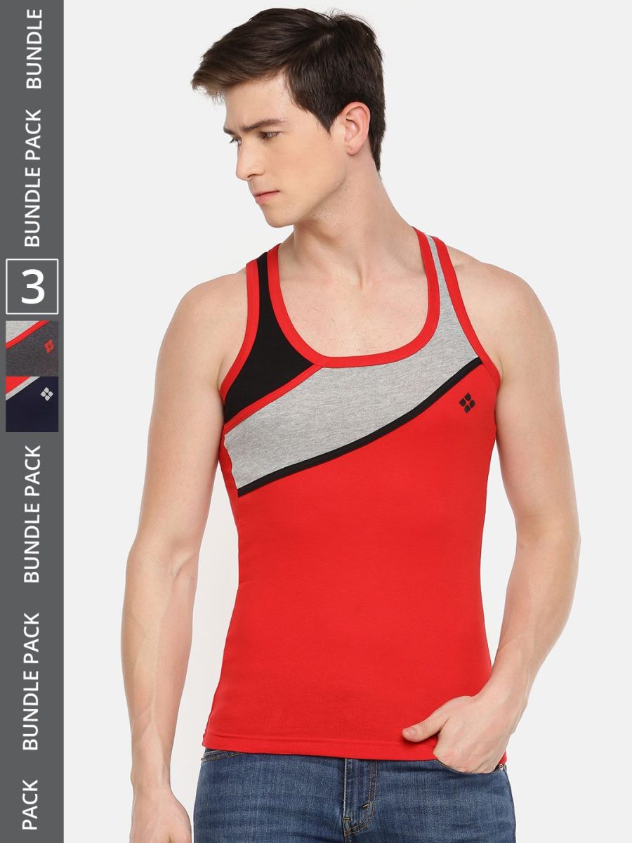 Dollar Bigboss Men's Pack of 3 Solid Combed Cotton Racerback Styled Gym Vest
