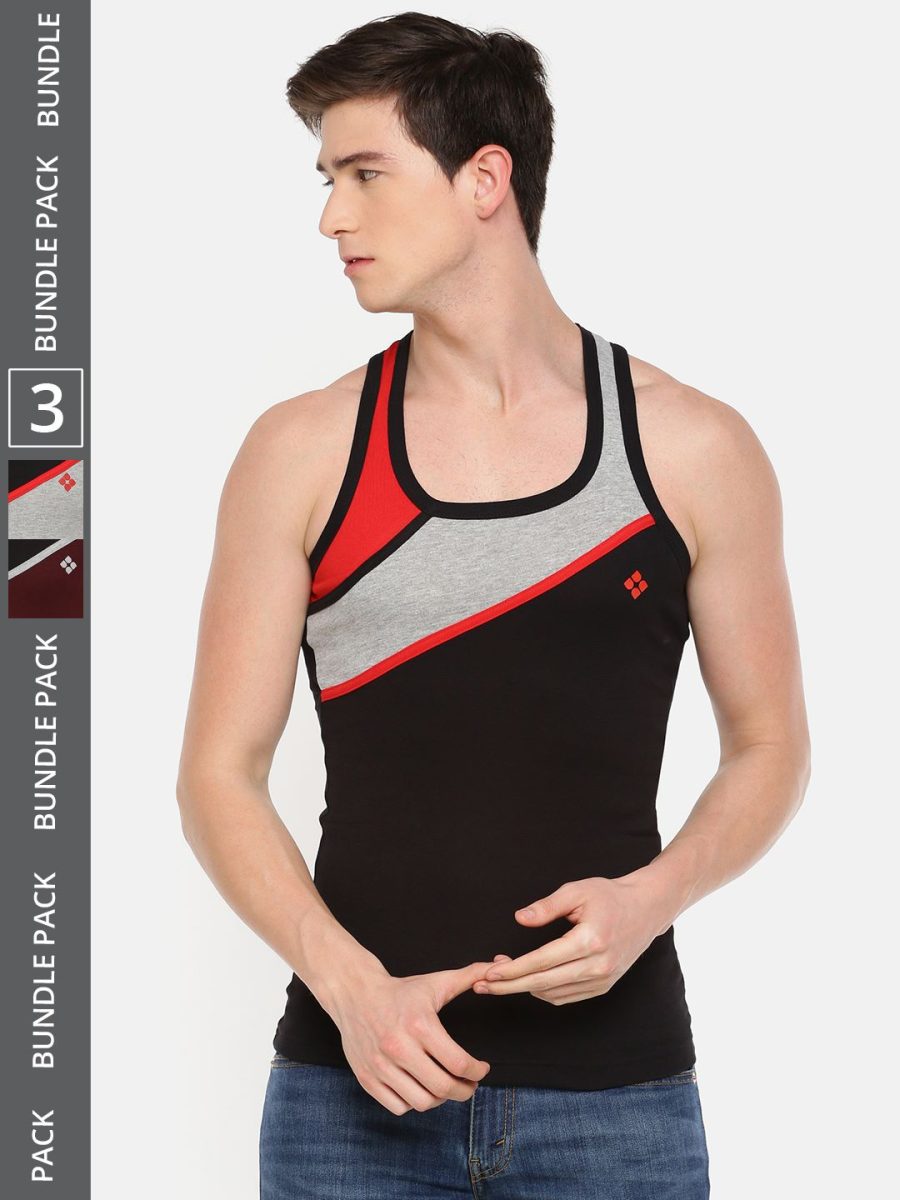 Dollar Bigboss Men's Pack of 3 Solid Combed Cotton Racerback Styled Gym Vest