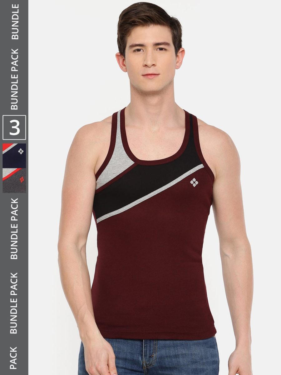 Dollar Bigboss Men's Pack of 3 Solid Combed Cotton Racerback Styled Gym Vest