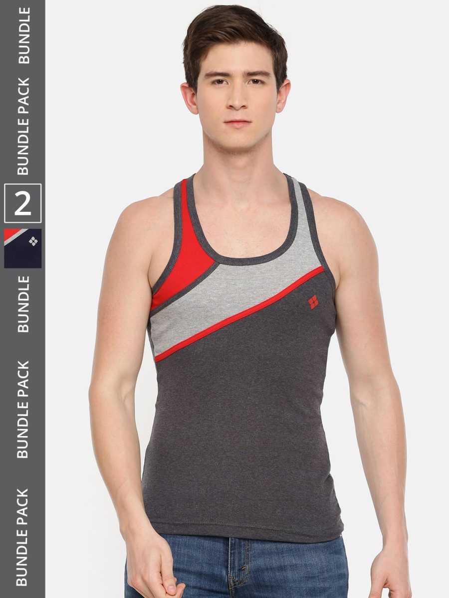 Dollar Bigboss Men's Pack of 2 Solid Combed Cotton Racerback Styled Gym Vest