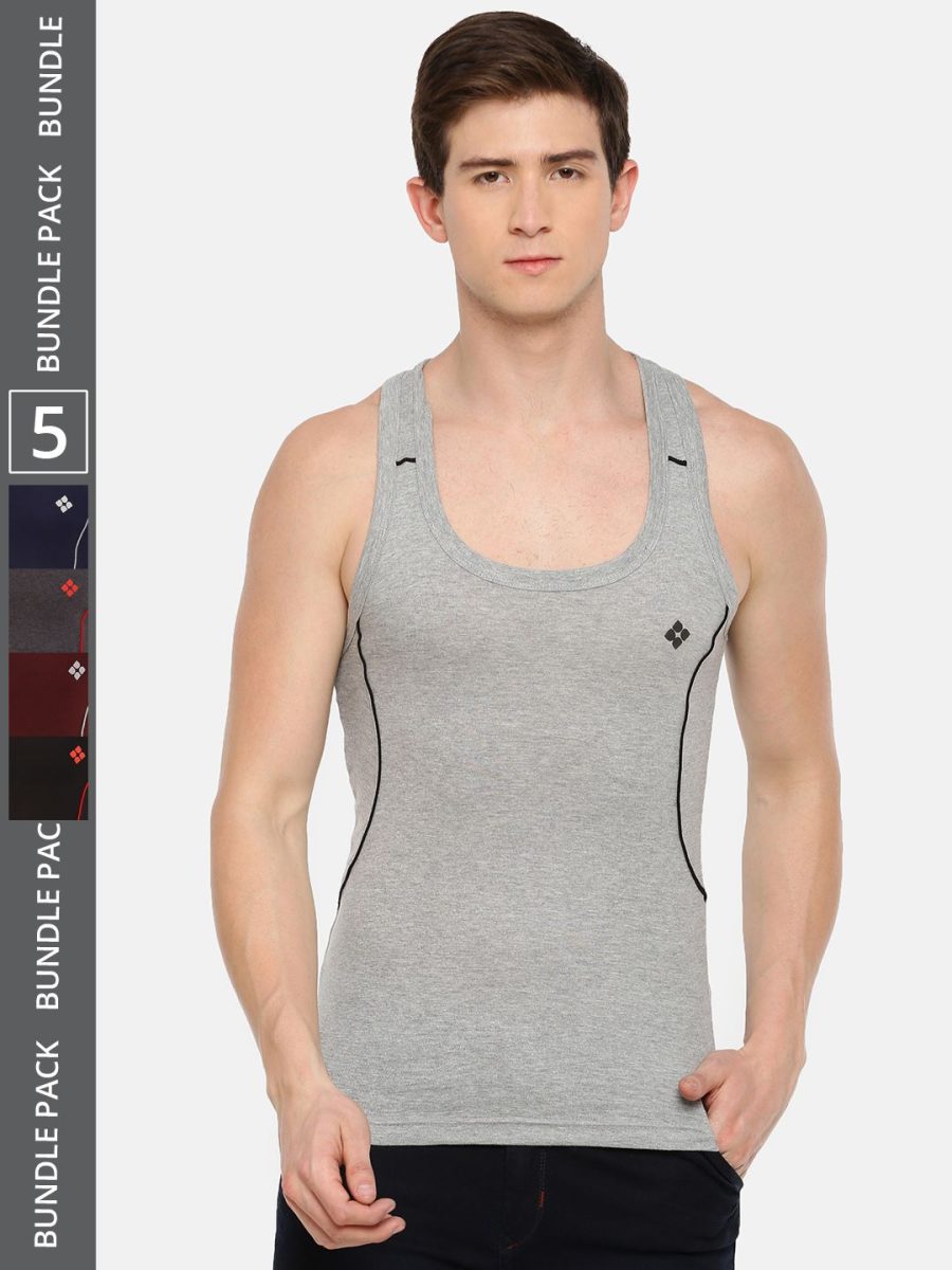 Dollar Bigboss Men's Pack of 5 Solid Combed Cotton Racerback Styled Gym Vest