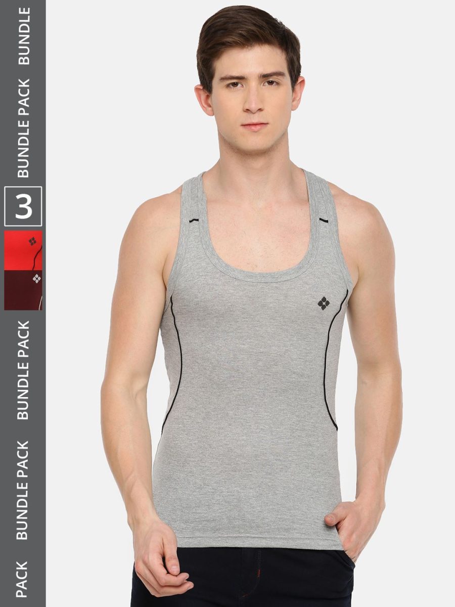 Dollar Bigboss Men's Pack of 3 Solid Combed Cotton Racerback Styled Gym Vest