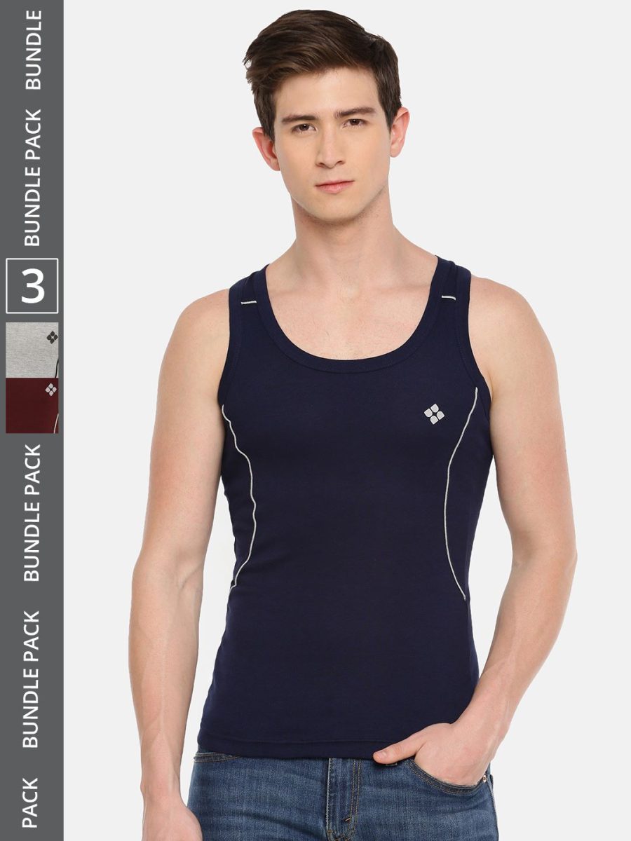 Dollar Bigboss Men's Pack of 3 Solid Combed Cotton Racerback Styled Gym Vest