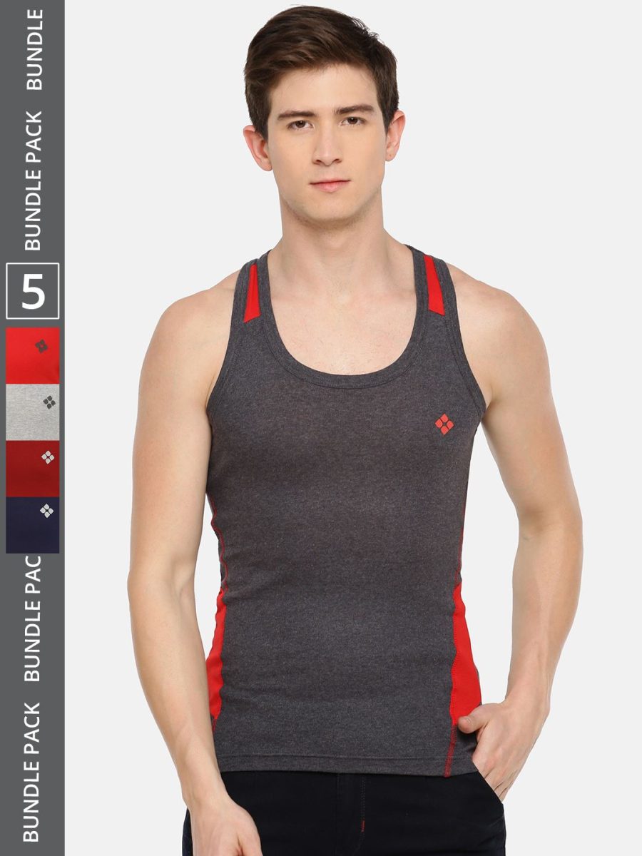 Dollar Bigboss Men's Pack of 5 Solid Combed Cotton Racerback Styled Gym Vest
