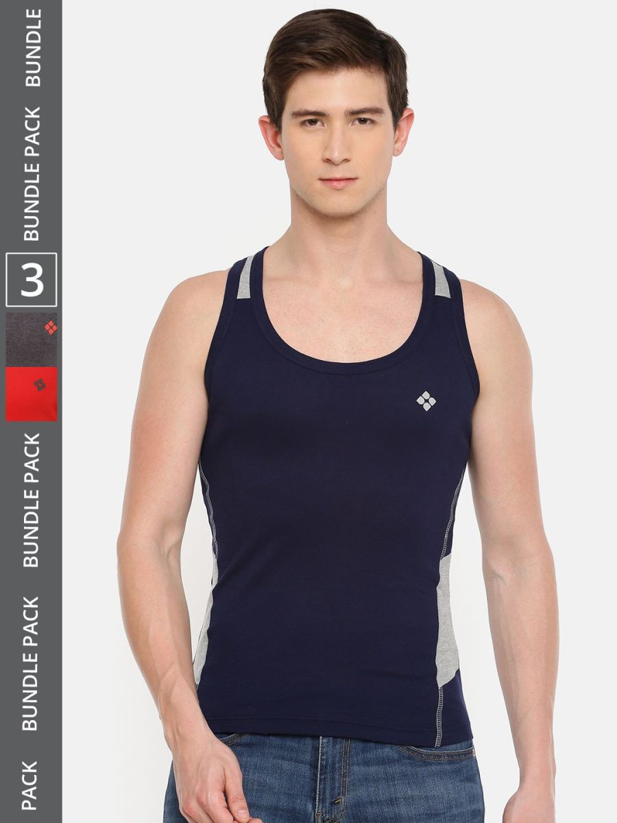 Dollar Bigboss Men's Pack of 3 Solid Combed Cotton Racerback Styled Gym Vest