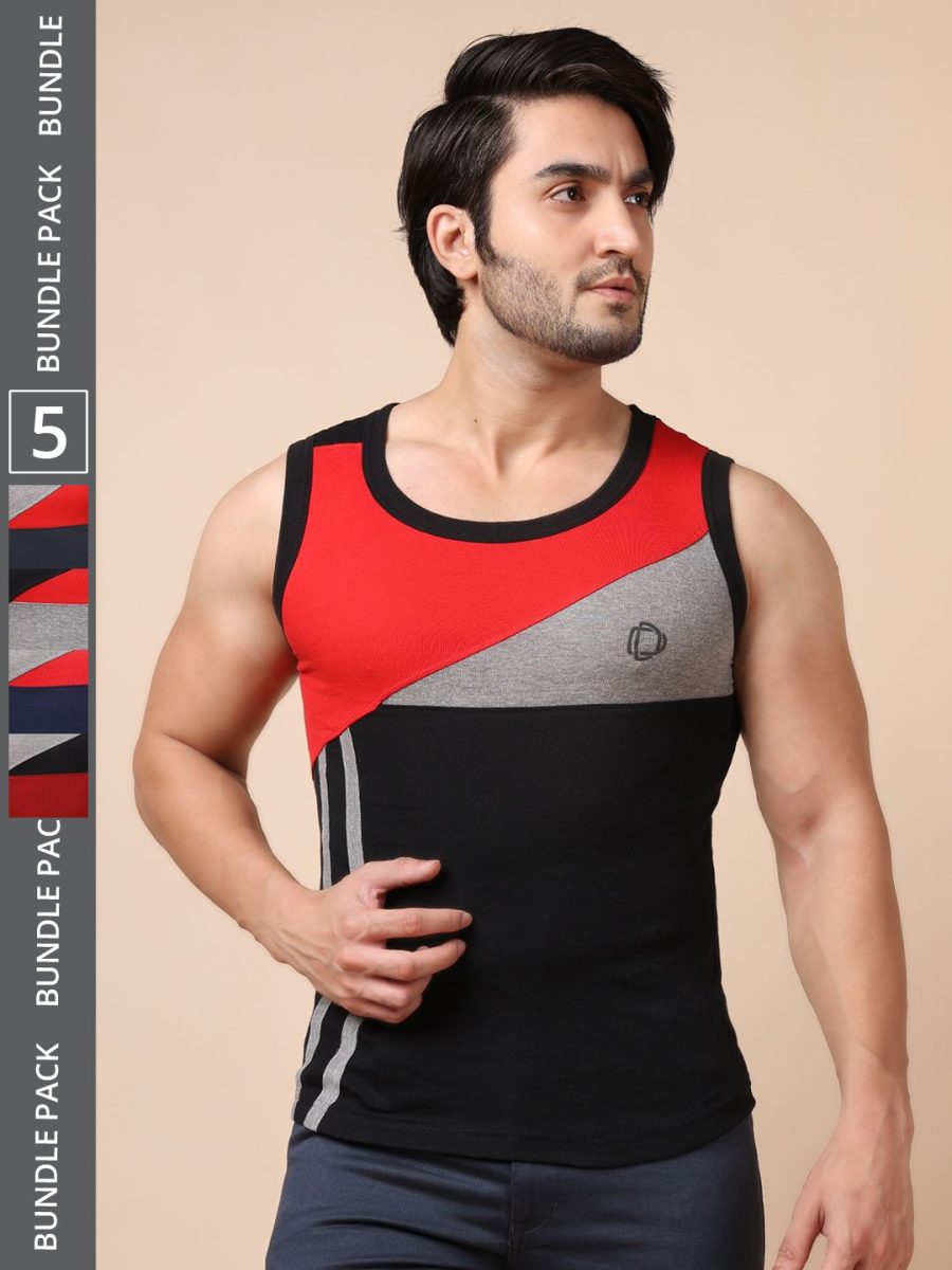 Dollar Bigboss Men's Pack of 5 Solid Combed Cotton Racerback Styled Gym Vest