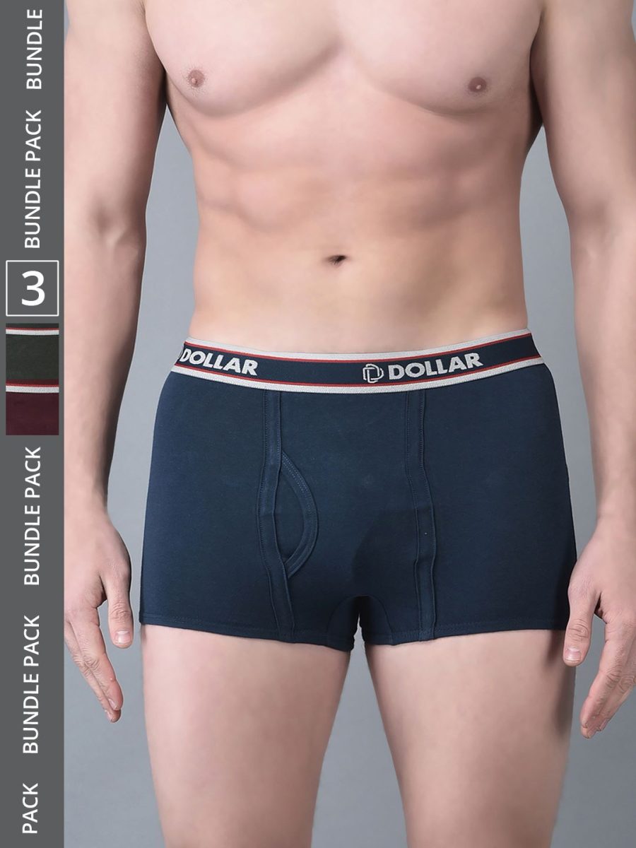 Dollar Bigboss Men's Pack of 3 Solid Combed Cotton Trunk With Double Pouch Support