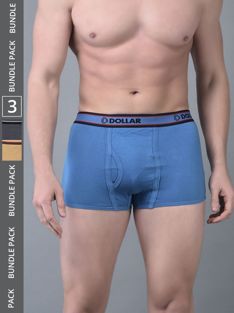 Dollar Bigboss Men's Pack of 3 Solid Combed Cotton Trunk With Double Pouch Support