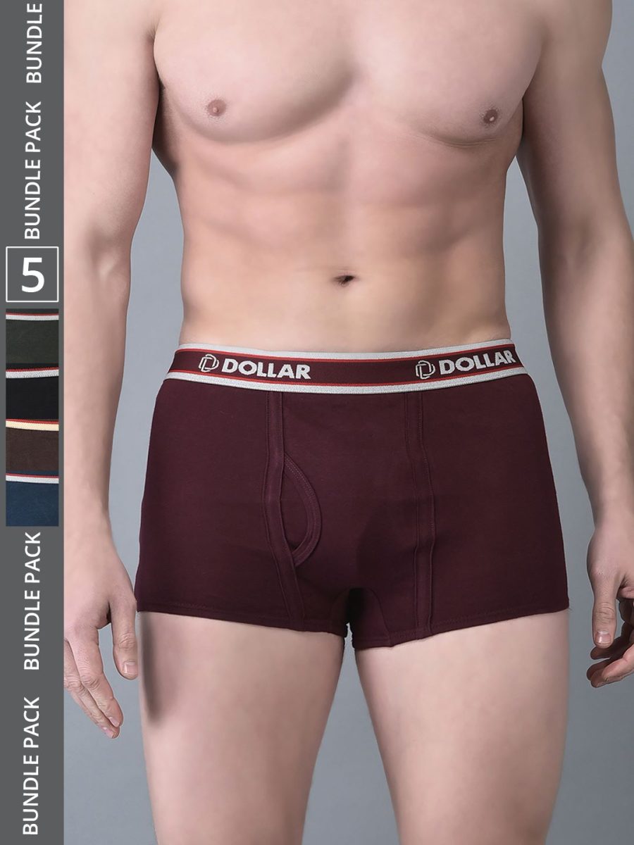 Dollar Bigboss Men's Pack of 5 Solid Combed Cotton Trunk With Double Pouch Support