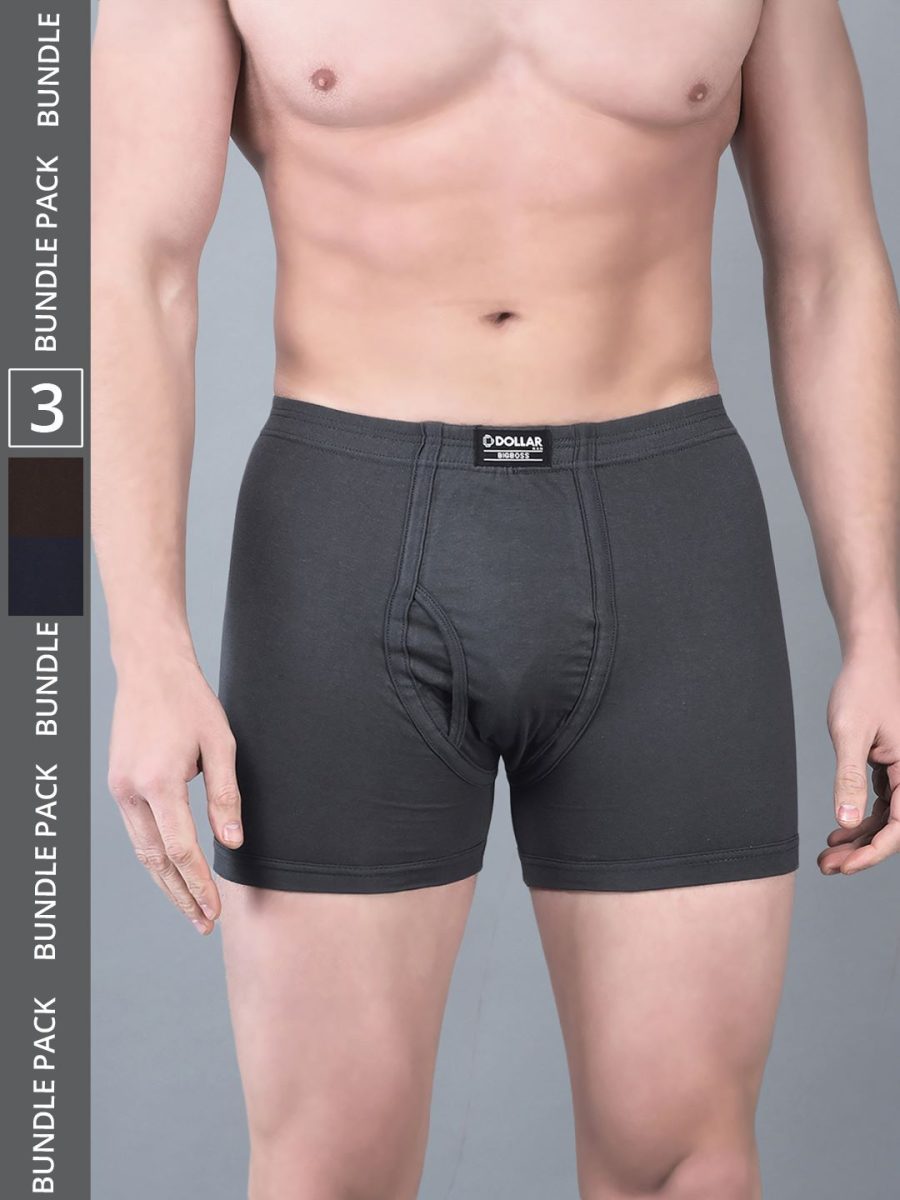 Dollar Bigboss Men's Pack of 3 Solid Combed Cotton Trunk With Plush-Backed Waistband