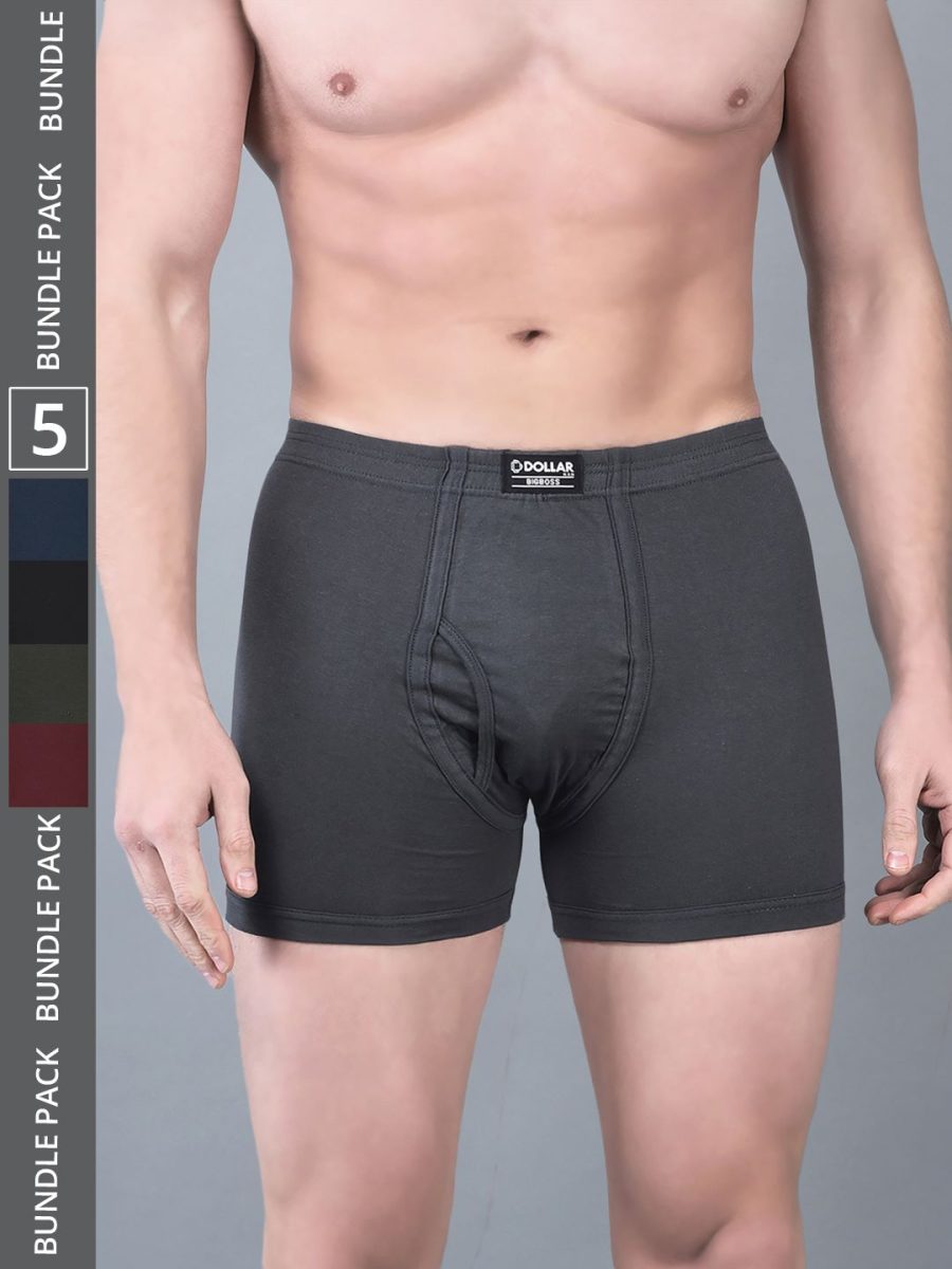 Dollar Bigboss Men's Pack of 5 Solid Combed Cotton Trunk With Plush-Backed Waistband