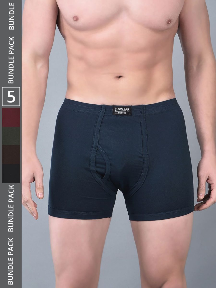 Dollar Bigboss Men's Pack of 5 Solid Combed Cotton Trunk With Plush-Backed Waistband