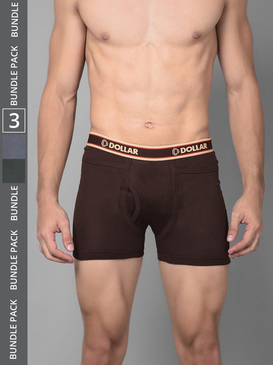 Dollar Bigboss Men's Pack of 3 Solid Combed Cotton Intrerlock Pocket Trunk