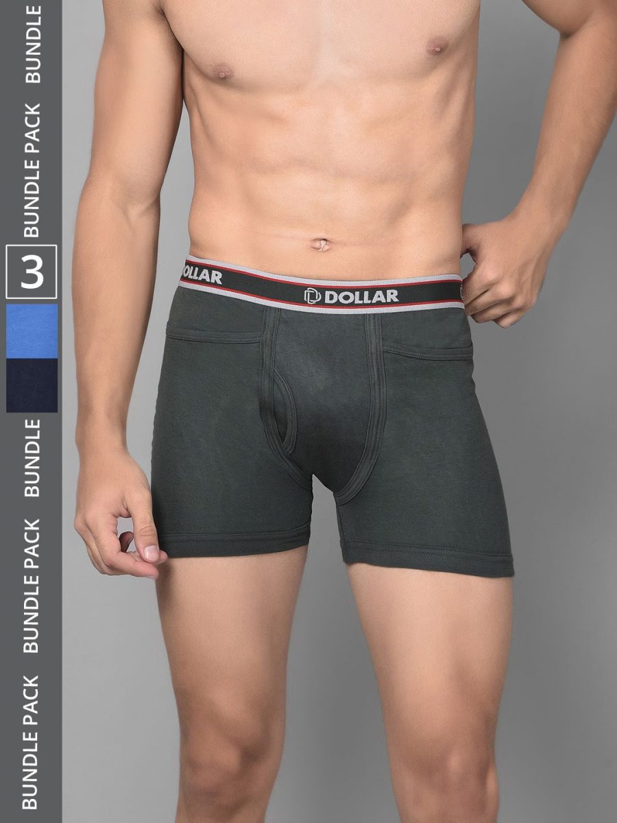 Dollar Bigboss Men's Pack of 3 Solid Combed Cotton Intrerlock Pocket Trunk
