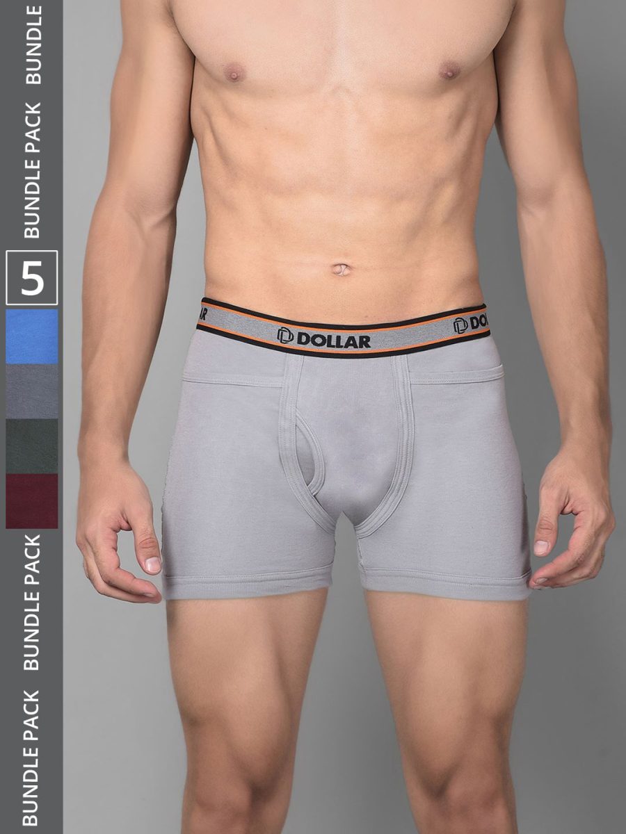 Dollar Bigboss Men's Pack of 5 Solid Combed Cotton Intrerlock Pocket Trunk