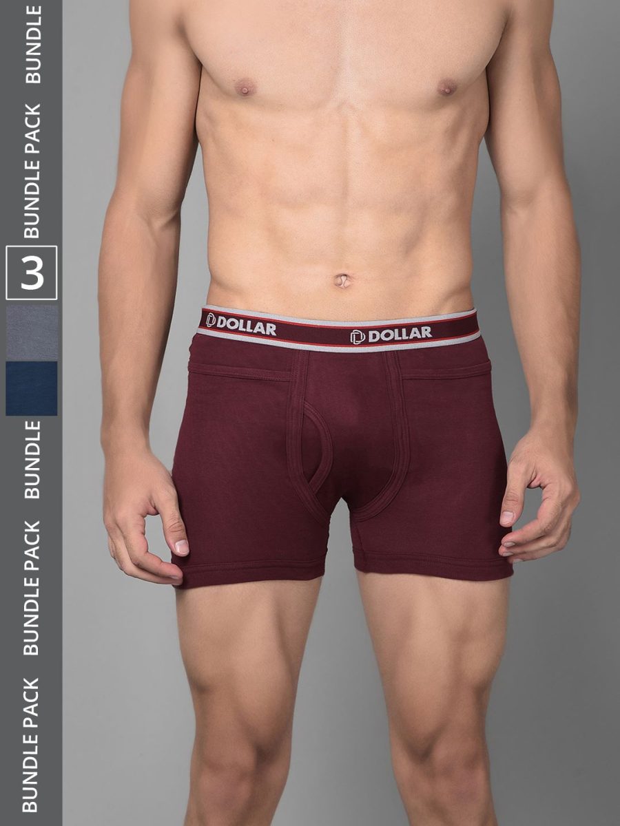 Dollar Bigboss Men's Pack of 3 Solid Combed Cotton Intrerlock Pocket Trunk