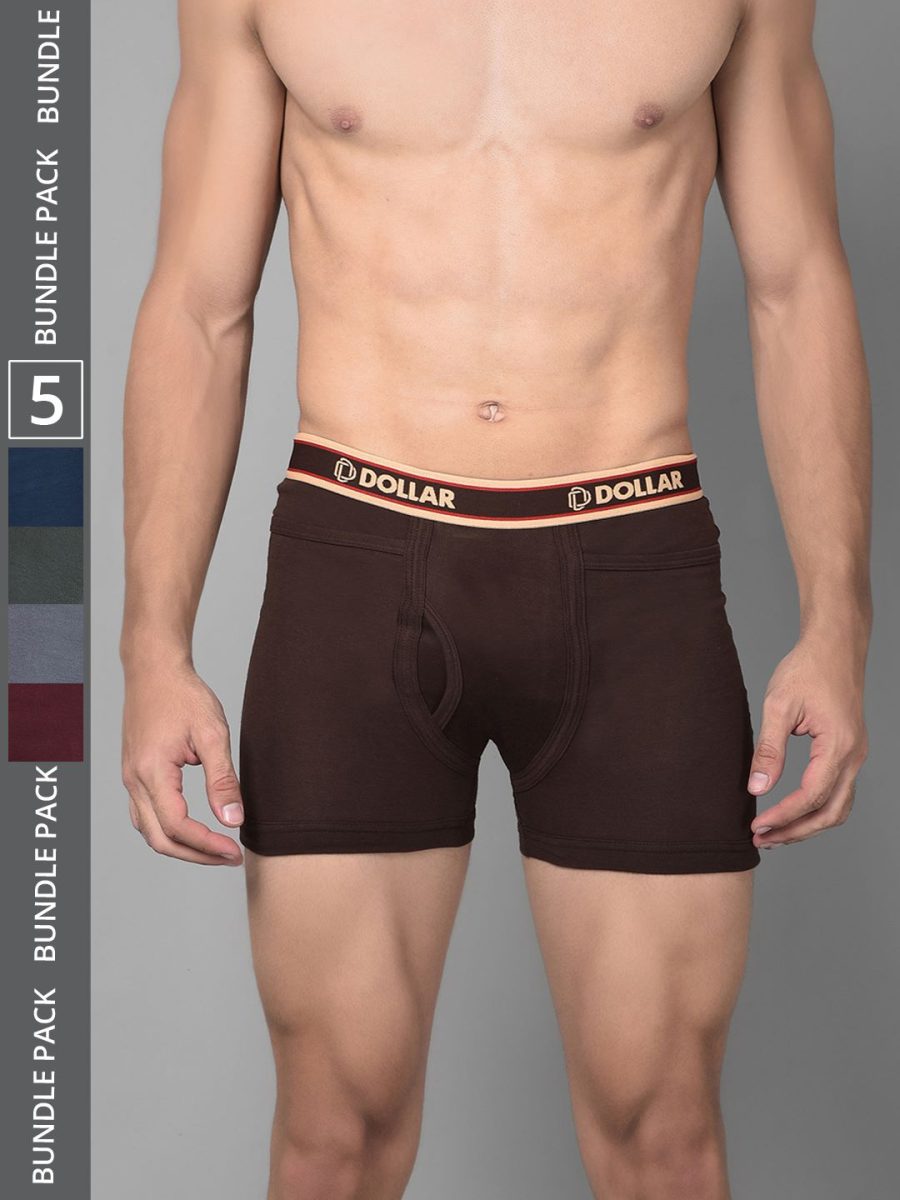 Dollar Bigboss Men's Pack of 5 Solid Combed Cotton Intrerlock Pocket Trunk