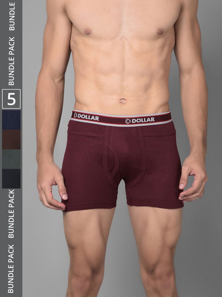 Dollar Bigboss Men's Pack of 5 Solid Combed Cotton Intrerlock Pocket Trunk