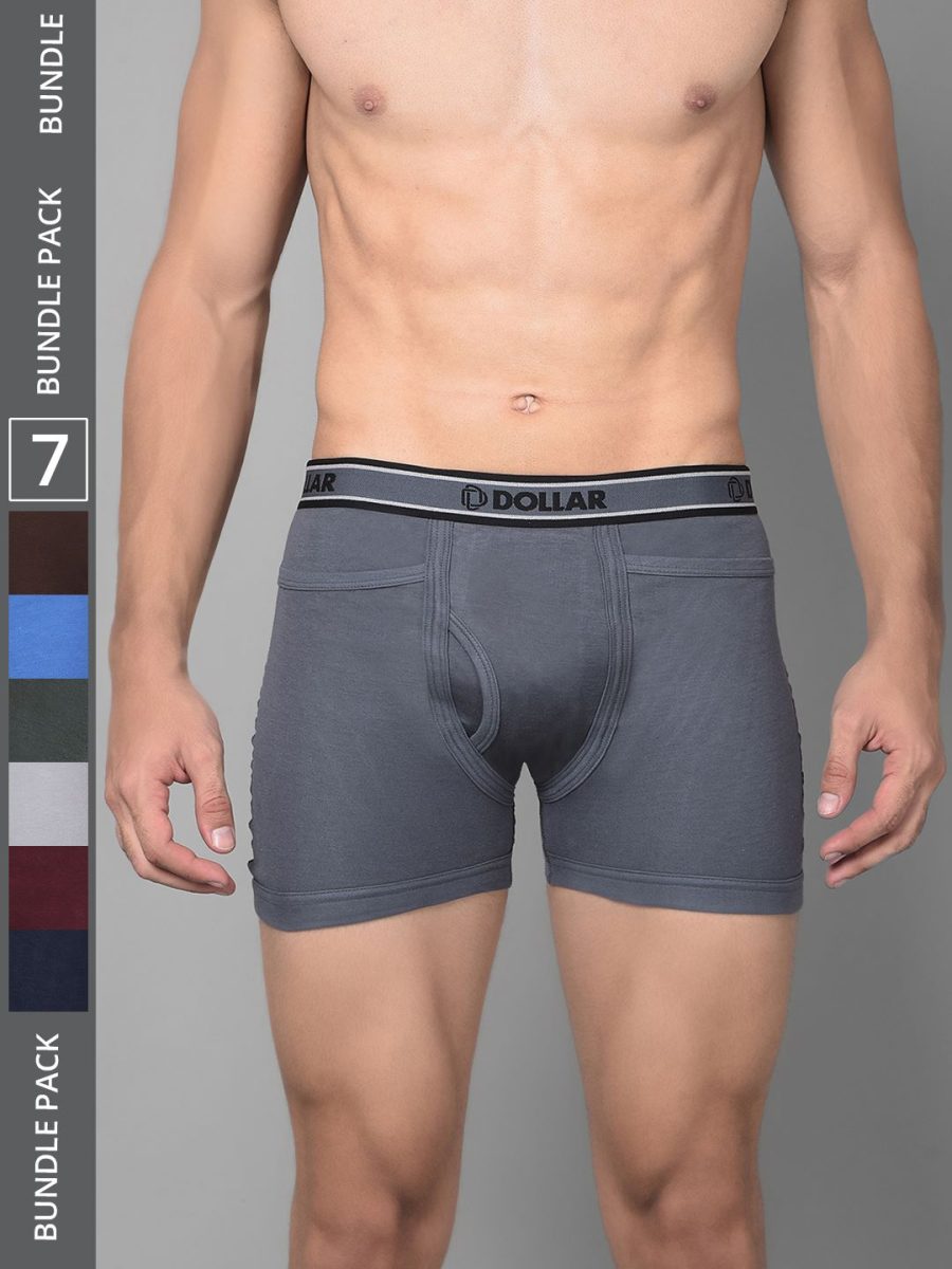 Dollar Bigboss Men's Pack of 7 Solid Combed Cotton Intrerlock Pocket Trunk