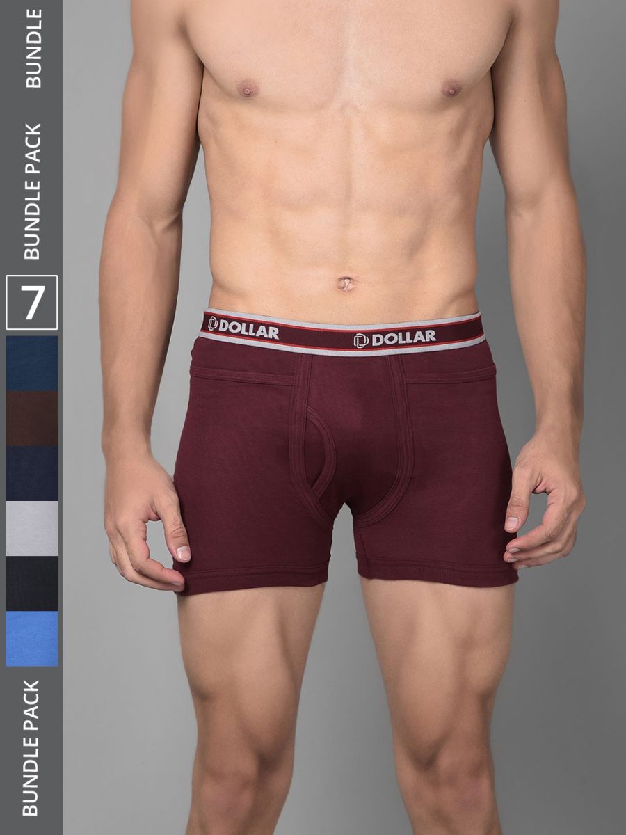 Dollar Bigboss Men's Pack of 7 Solid Combed Cotton Intrerlock Pocket Trunk
