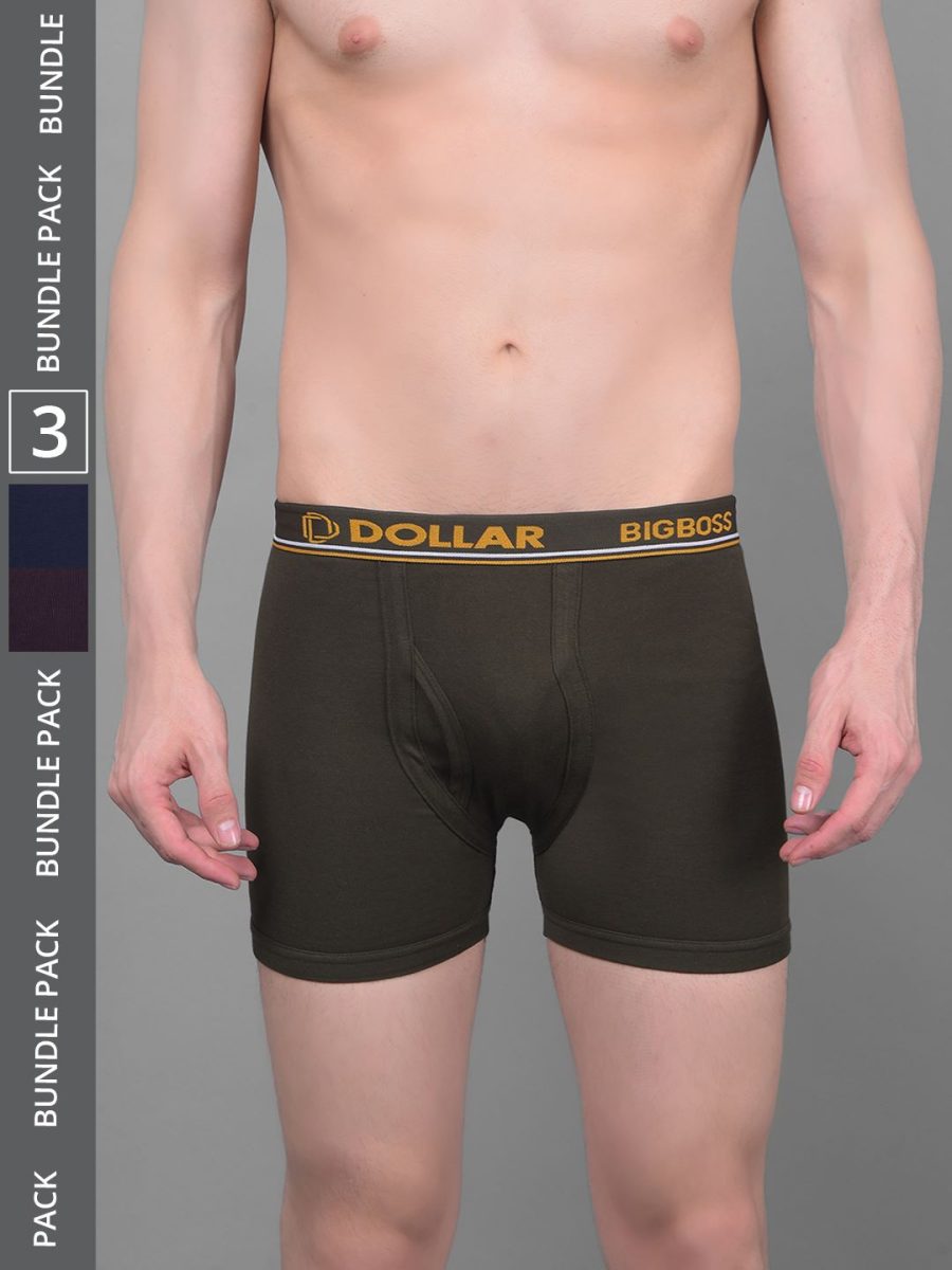 Dollar Bigboss Men's Pack of 3 Solid Combed Cotton Knitted Trunk With Contoured Pouch