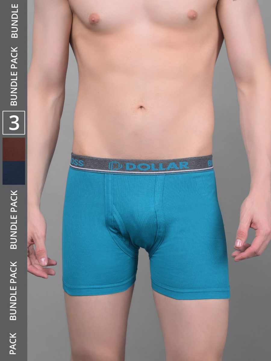 Dollar Bigboss Men's Pack of 3 Solid Combed Cotton Knitted Trunk With Contoured Pouch