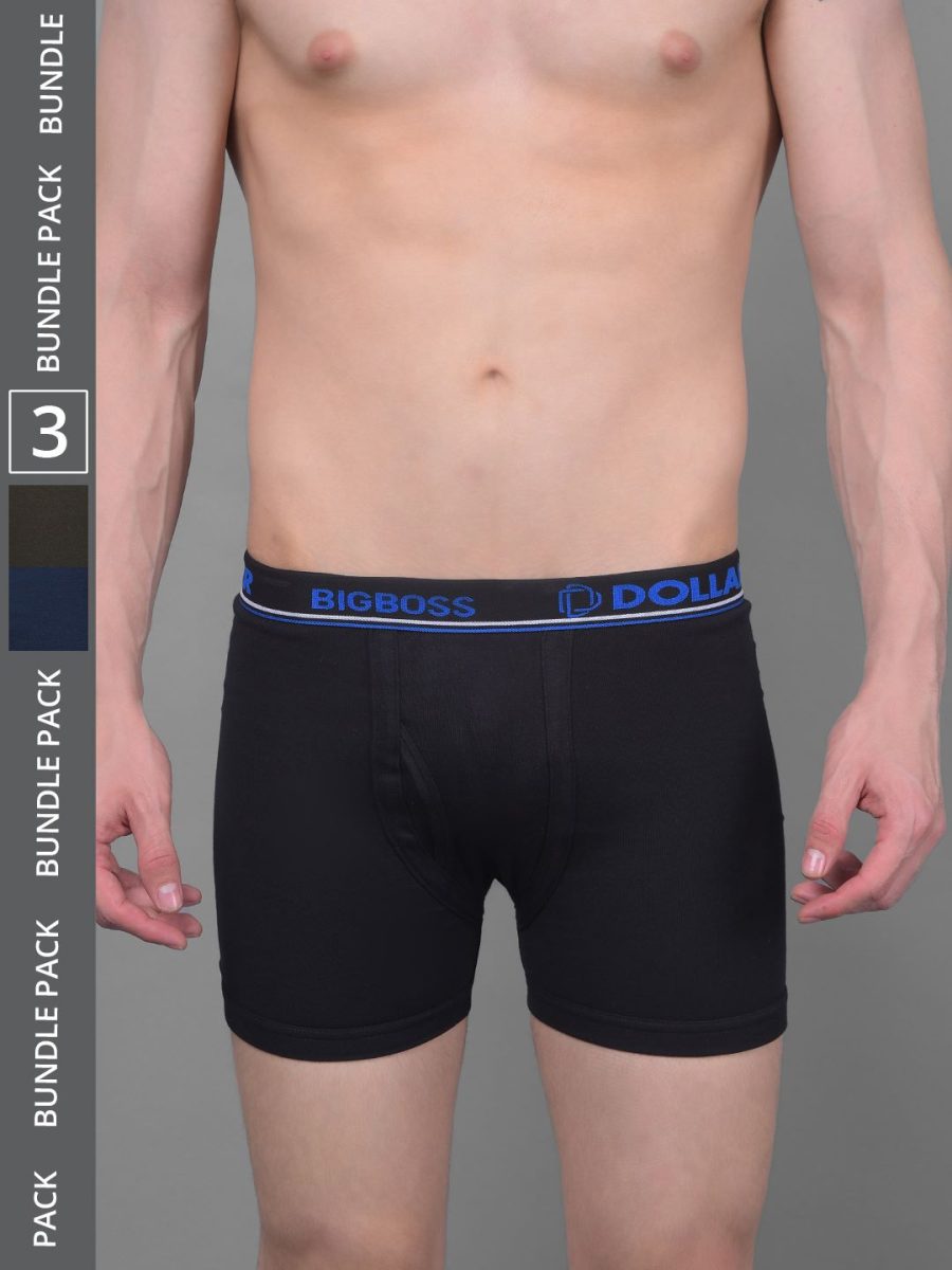 Dollar Bigboss Men's Pack of 3 Solid Combed Cotton Knitted Trunk With Contoured Pouch