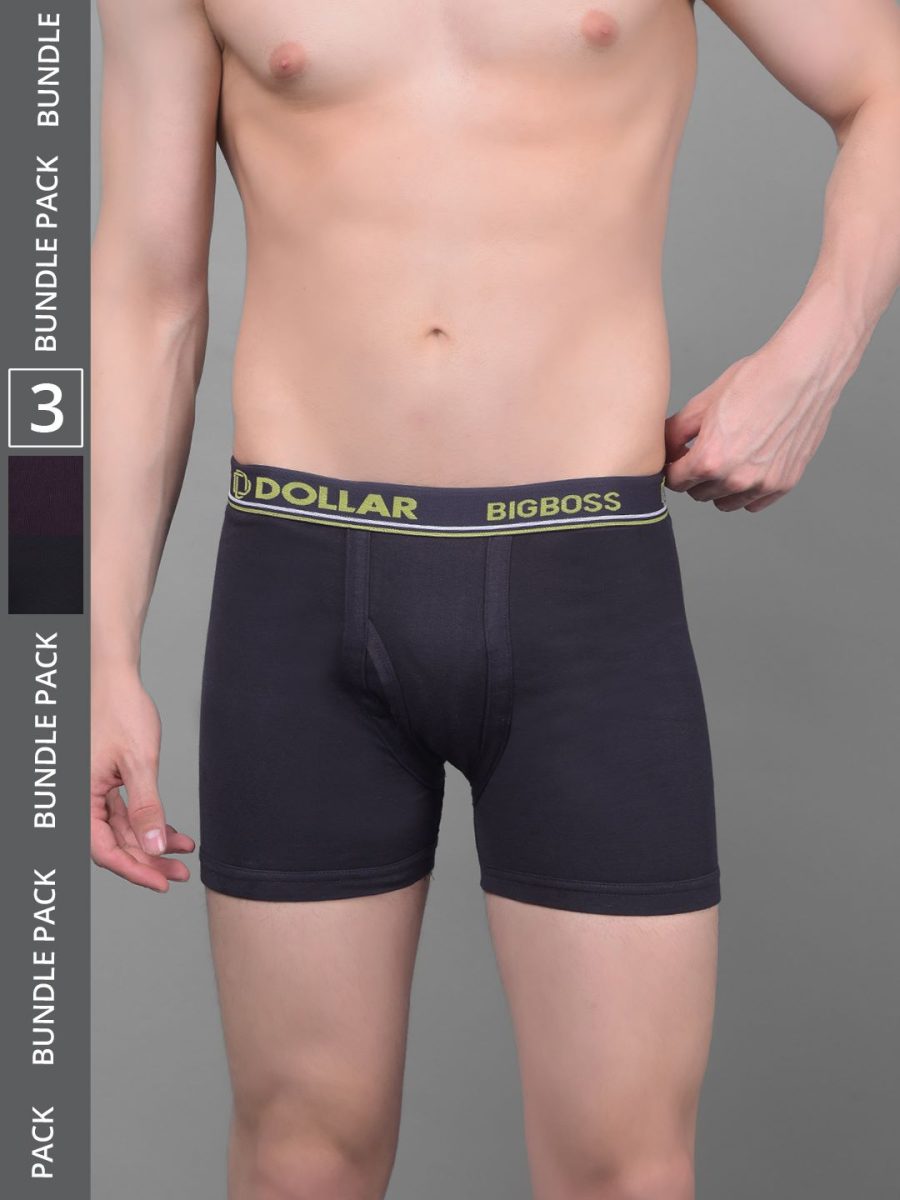 Dollar Bigboss Men's Pack of 3 Solid Combed Cotton Knitted Trunk With Contoured Pouch