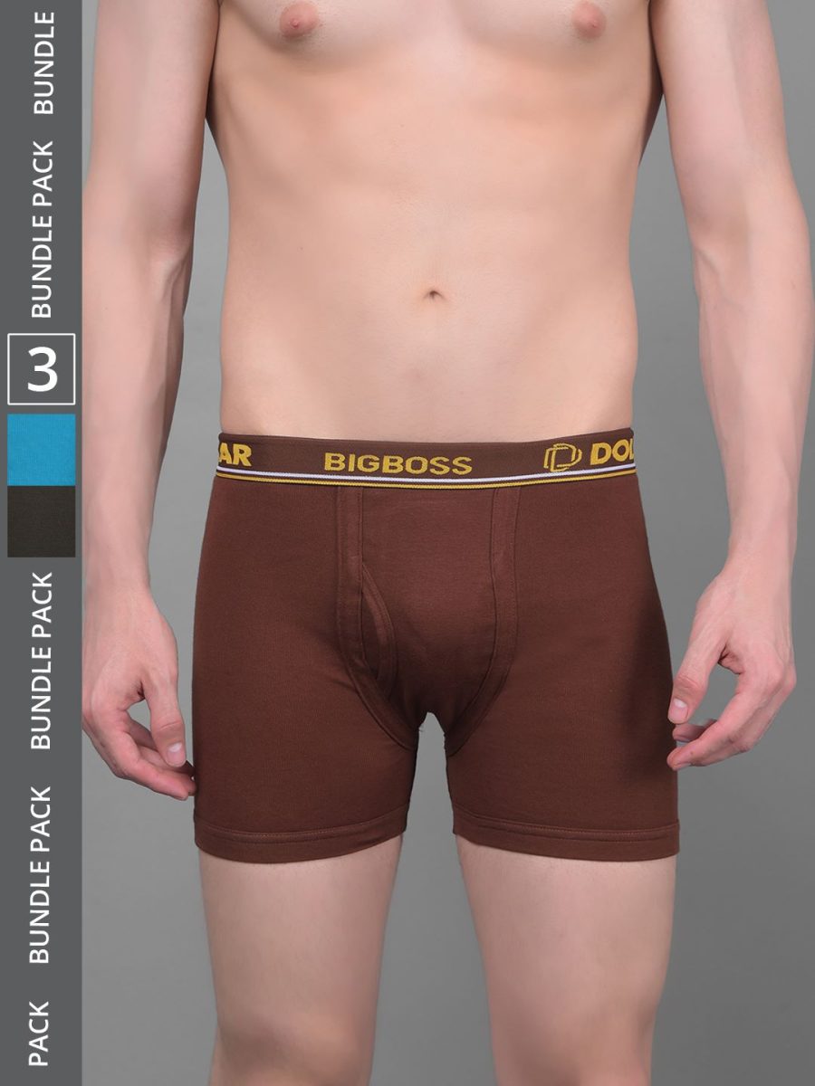 Dollar Bigboss Men's Pack of 3 Solid Combed Cotton Knitted Trunk With Contoured Pouch