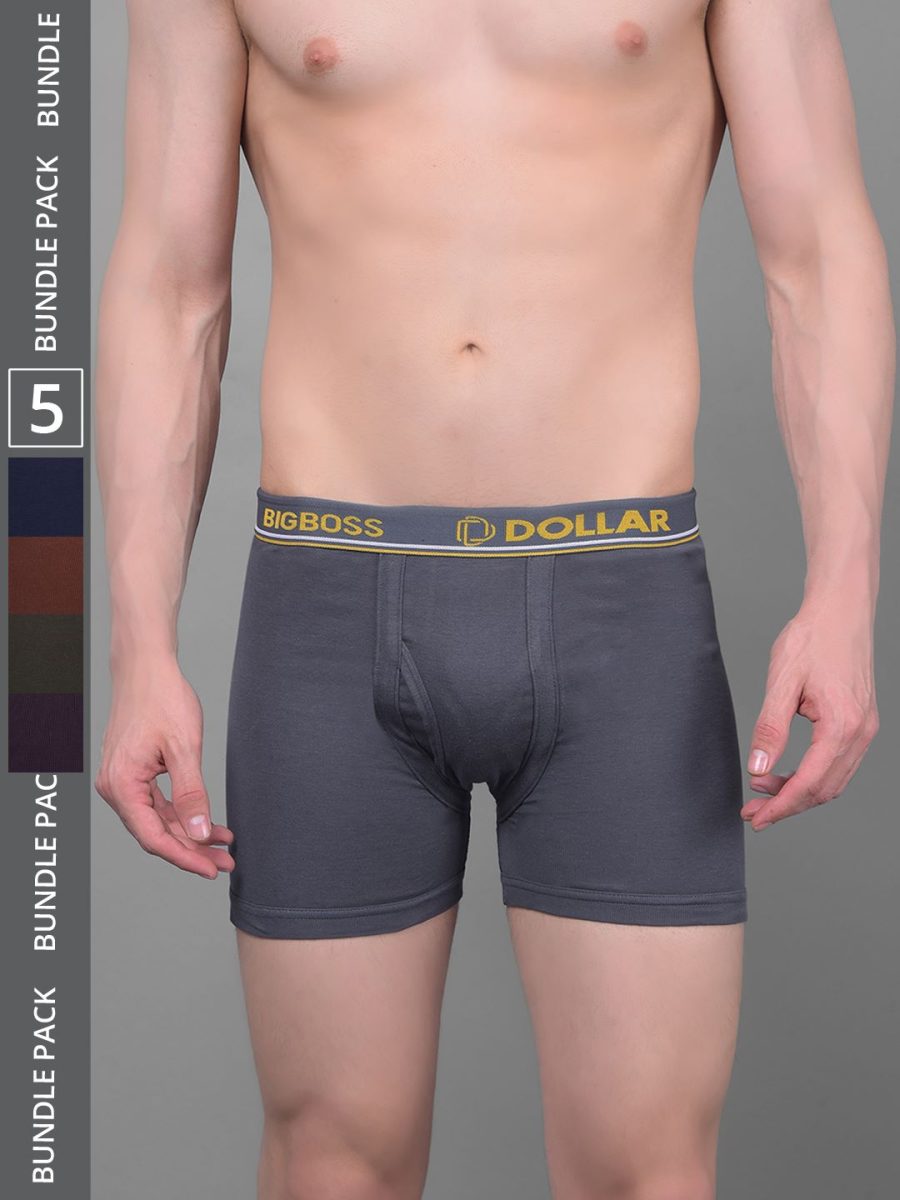 Dollar Bigboss Men's Pack of 5 Solid Combed Cotton Knitted Trunk With Contoured Pouch