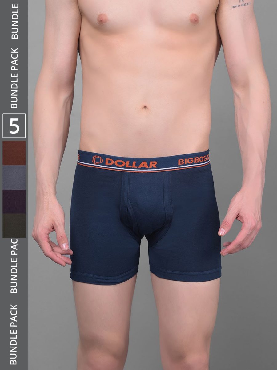 Dollar Bigboss Men's Pack of 5 Solid Combed Cotton Knitted Trunk With Contoured Pouch