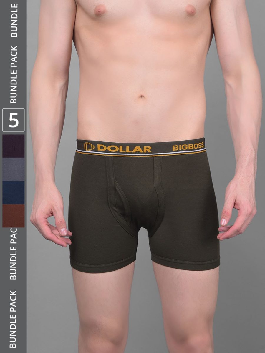 Dollar Bigboss Men's Pack of 5 Solid Combed Cotton Knitted Trunk With Contoured Pouch