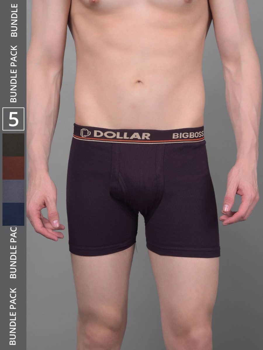 Dollar Bigboss Men's Pack of 5 Solid Combed Cotton Knitted Trunk With Contoured Pouch