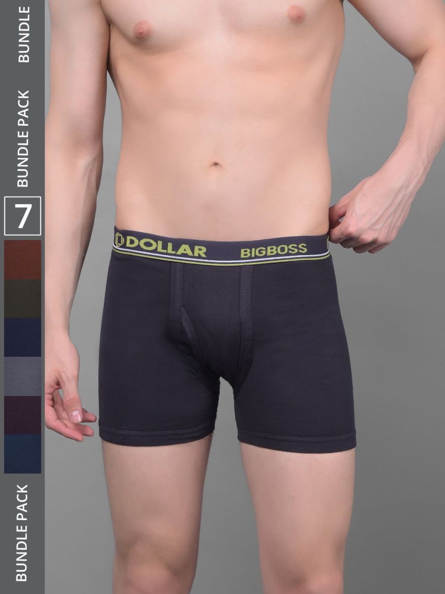 Dollar Bigboss Men's Pack of 7 Solid Combed Cotton Knitted Trunk With Contoured Pouch