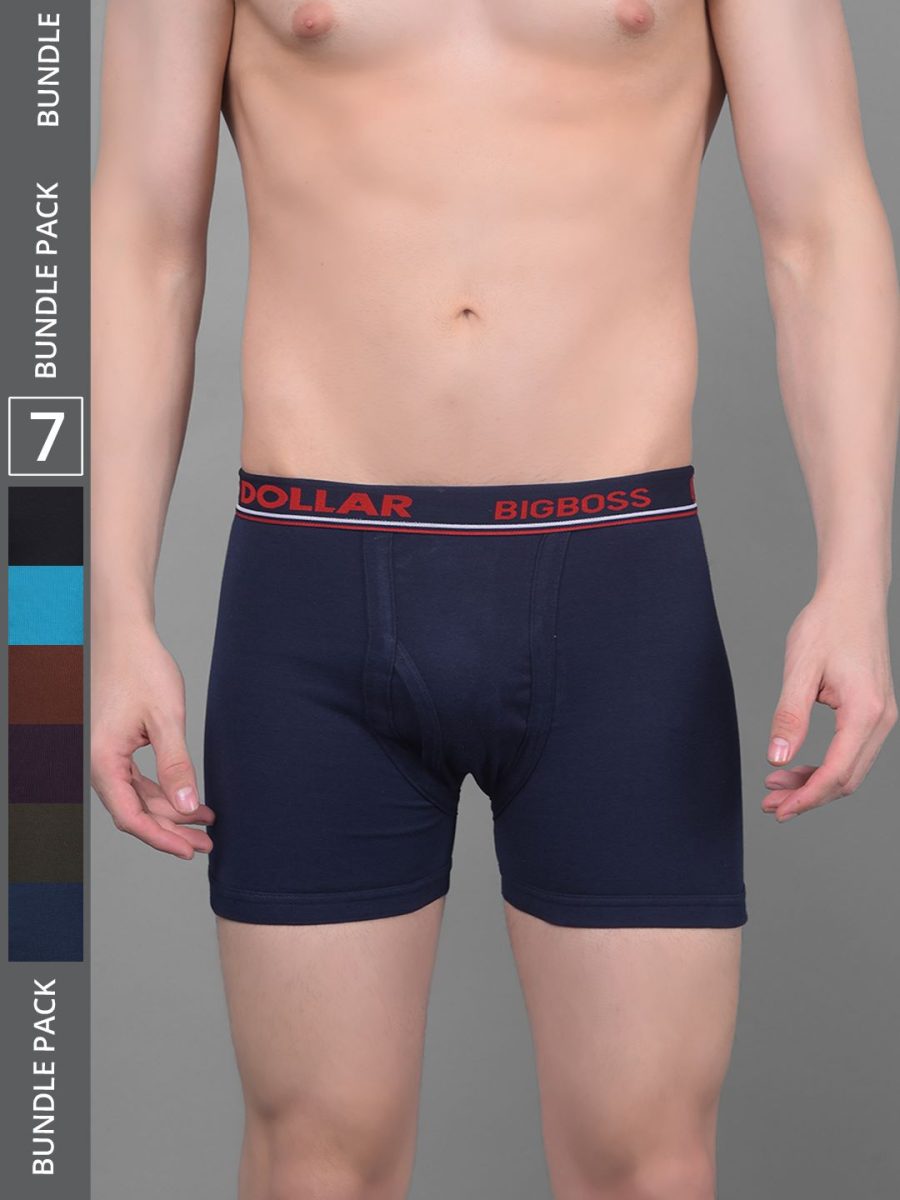 Dollar Bigboss Men's Pack of 7 Solid Combed Cotton Knitted Trunk With Contoured Pouch