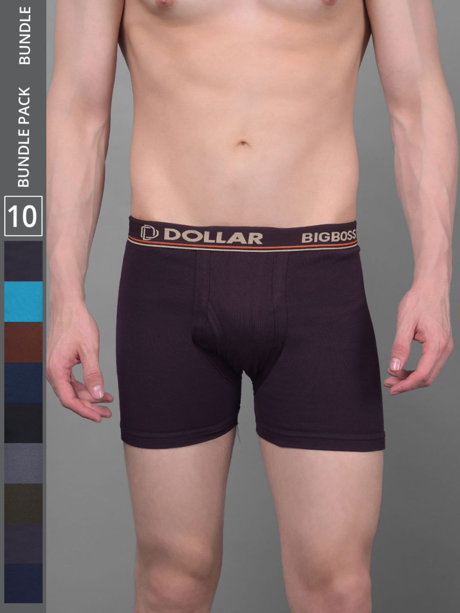 Dollar Bigboss Men's Pack of 10 Solid Combed Cotton Knitted Trunk With Contoured Pouch