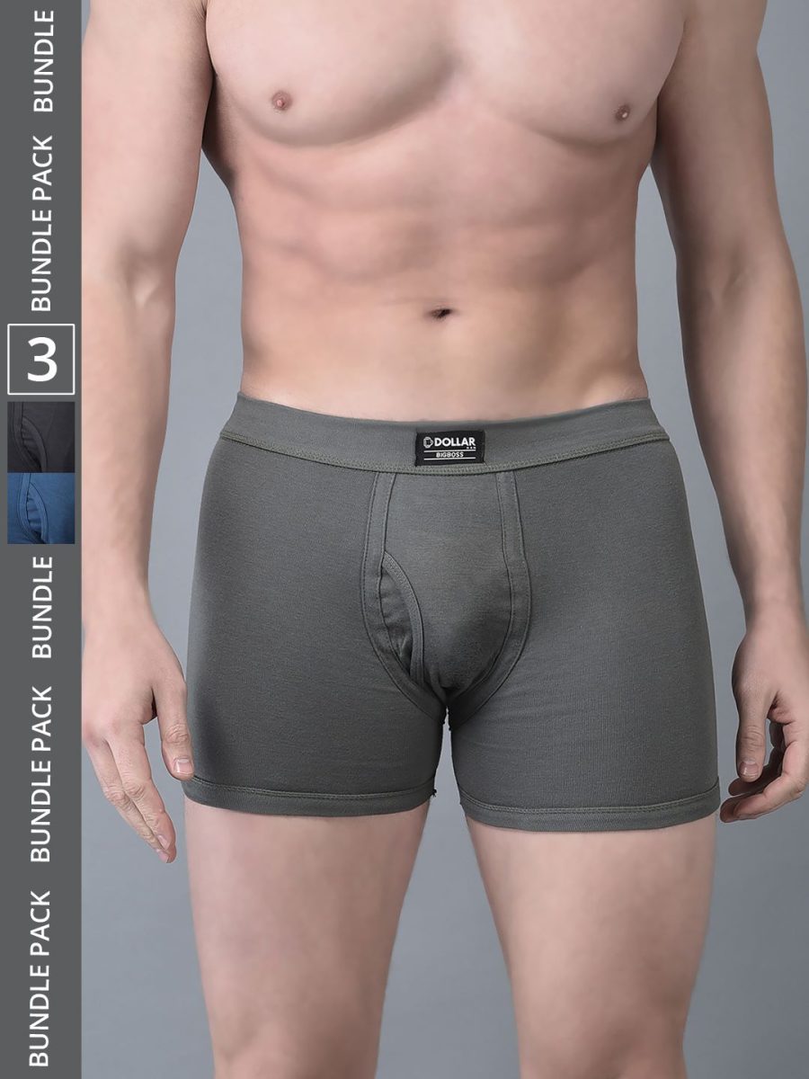 Dollar Bigboss Men's Assorted Pack of 3 Solid 100% Cotton Trunk With Spandex Integrated Waistband