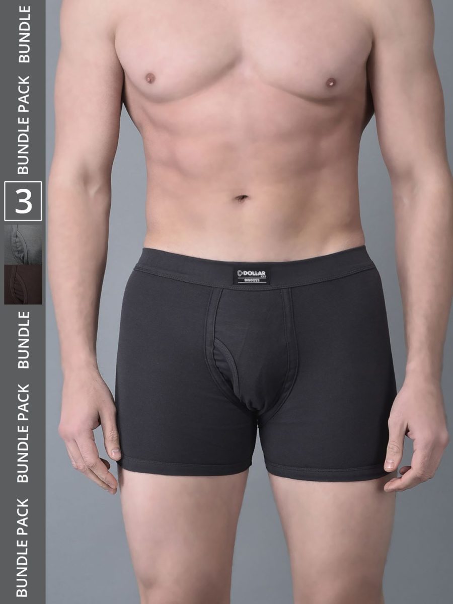 Dollar Bigboss Men's Assorted Pack of 3 Solid 100% Cotton Trunk With Spandex Integrated Waistband