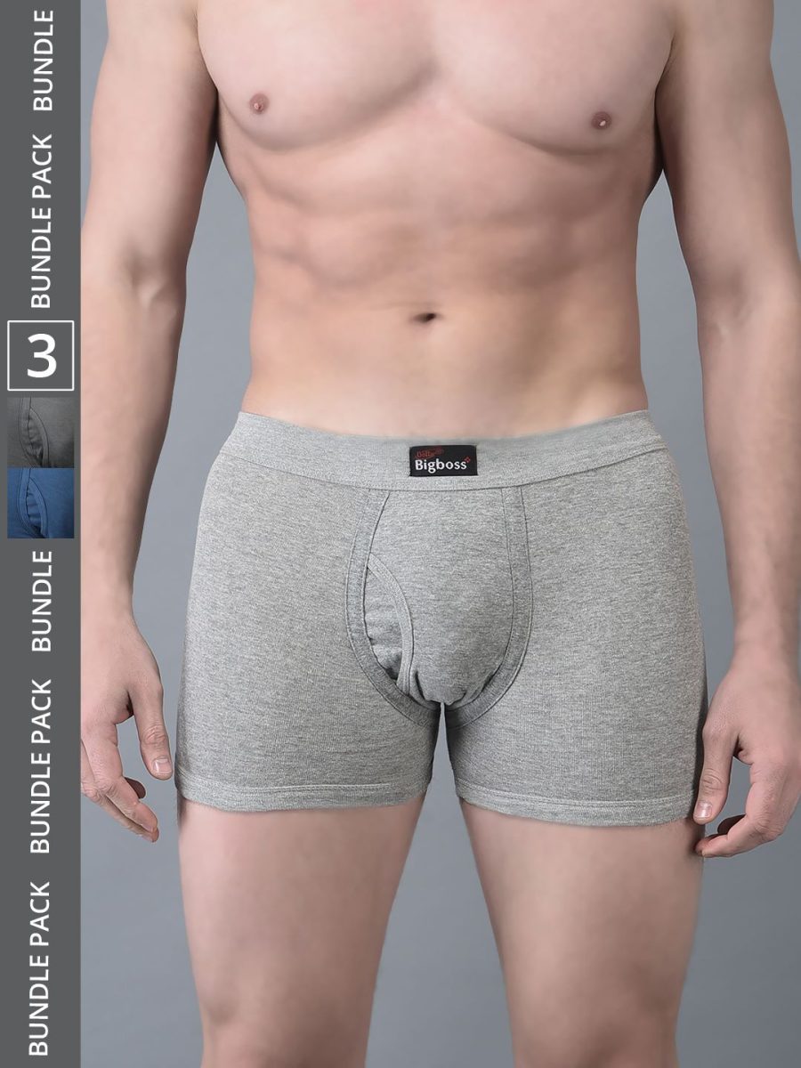 Dollar Bigboss Men's Assorted Pack of 3 Solid 100% Cotton Trunk With Spandex Integrated Waistband
