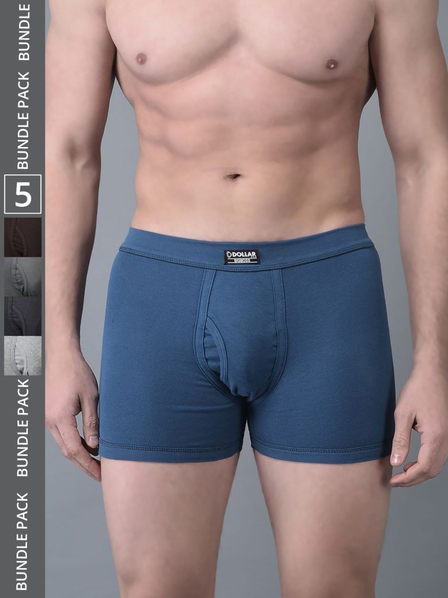 Dollar Bigboss Men's Assorted Pack of 5 Solid 100% Cotton Trunk With Spandex Integrated Waistband