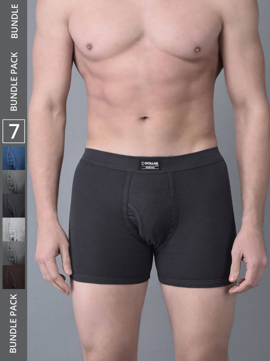Dollar Bigboss Men's Assorted Pack of 7 Solid 100% Cotton Trunk With Spandex Integrated Waistband