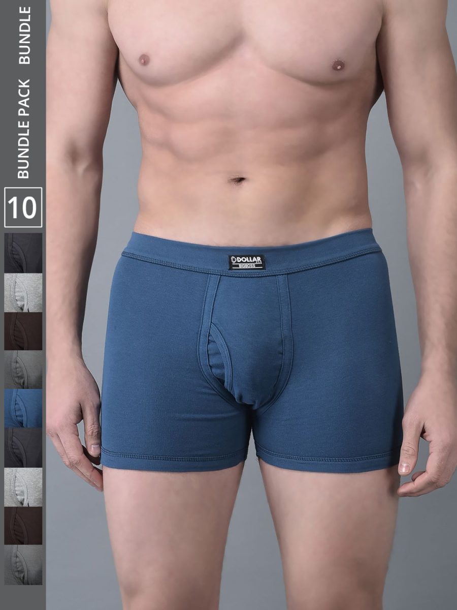 Dollar Bigboss Men's Assorted Pack of 10 Solid 100% Cotton Trunk With Spandex Integrated Waistband