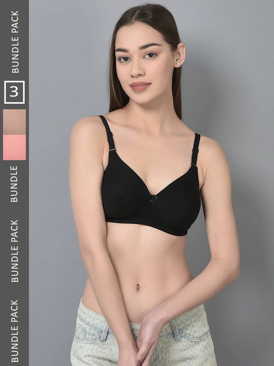 Dollar Missy Pack of 3 Women's Combed Cotton with Stretchy Elastane Wire-Free Full Coverage Padded Bra